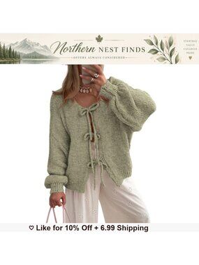Women's Tie Front Bow Cardigan Cable Knit Puff Sleeve Sweater